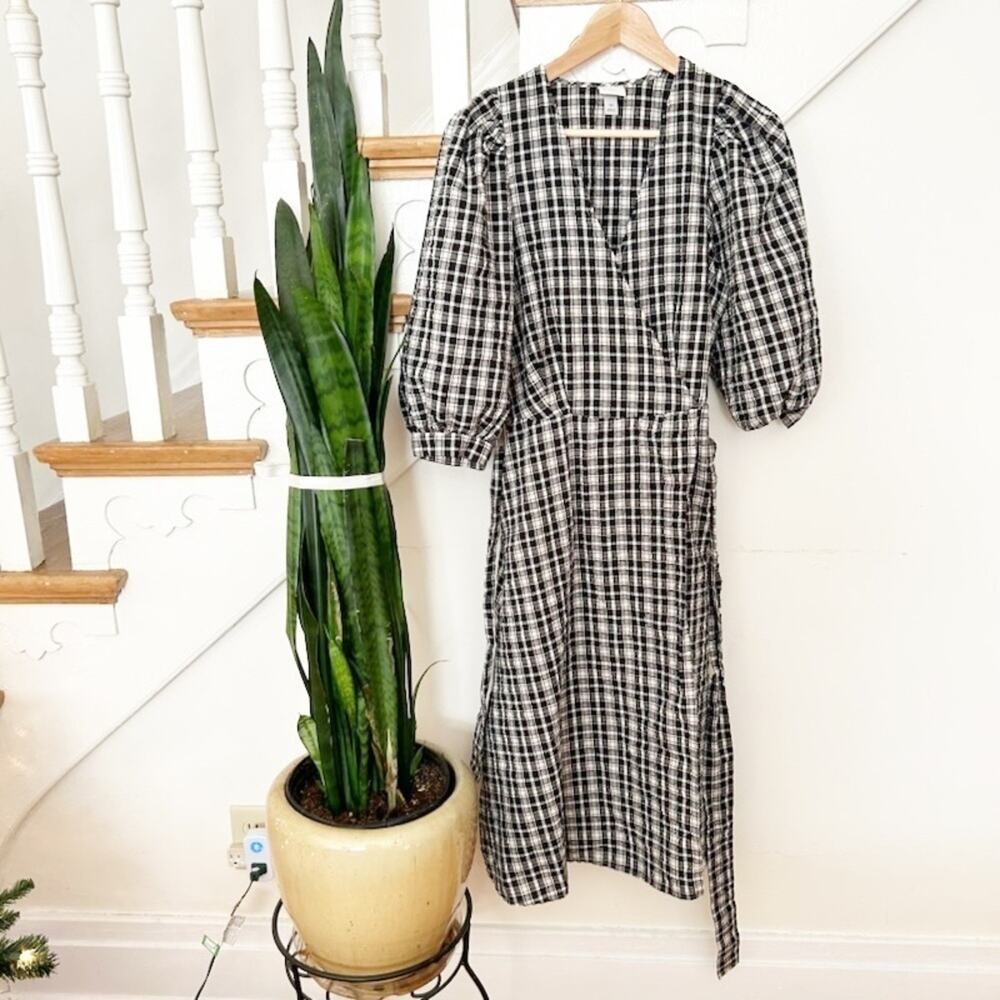 A New Day Black White Plaid Puff Sleeve Faux Wrap Dress Size XS